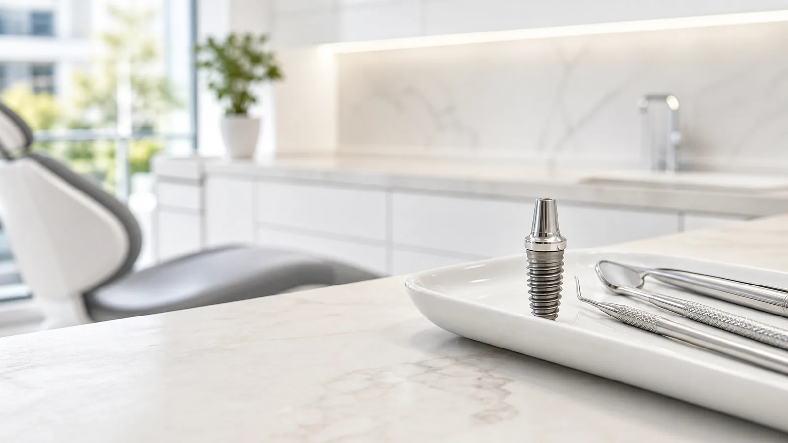 Metal dental implant standing beside instruments on a white clinical tray